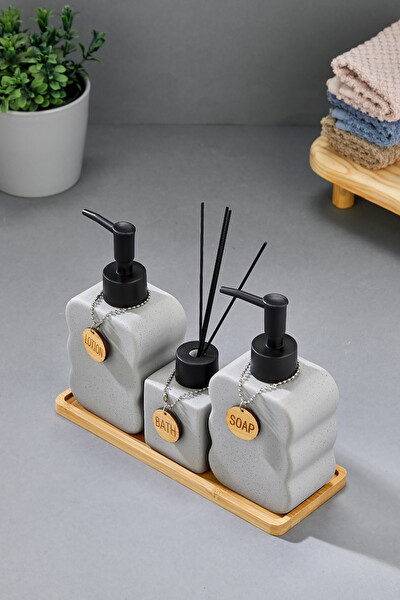 Cooker 3'lü 300 ML Seramik Bambu Standlı Banyo Seti CKR3883