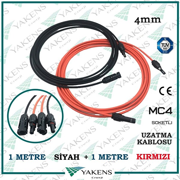 Yakens Enerji Güneş Paneli (1 M - 1 M) 4 MM Toplam 2 M Çift Taraflı Mc4 Soketli Solar Ara Kablo Kırmızı Siyah