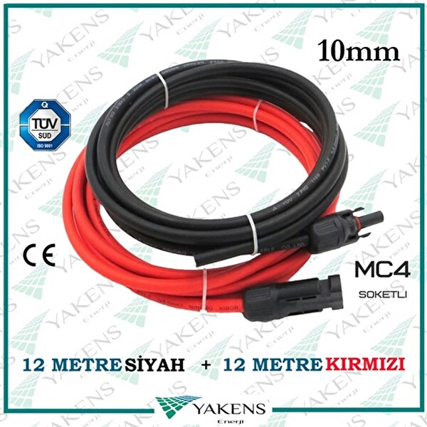 Yakens Enerji Mc4 Soketli (12 M -12 M) 10 MM Toplam 24 Metre Güneş Paneli Hazır Solar Kablo Seti Kırmızı Siyah