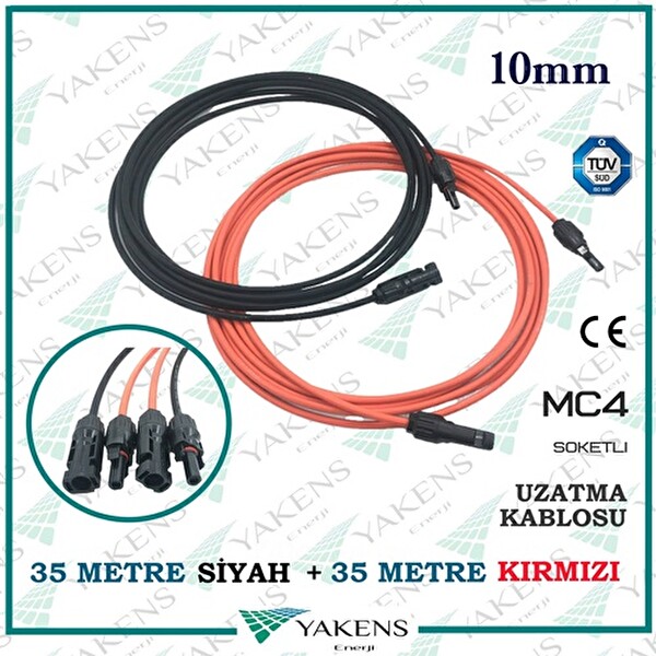 Yakens Enerji Güneş Paneli (35 M - 35 M) 10 MM Toplam 70 M Çift Taraflı Mc4 Soketli Solar Ara Kablo Kırmızı Siyah
