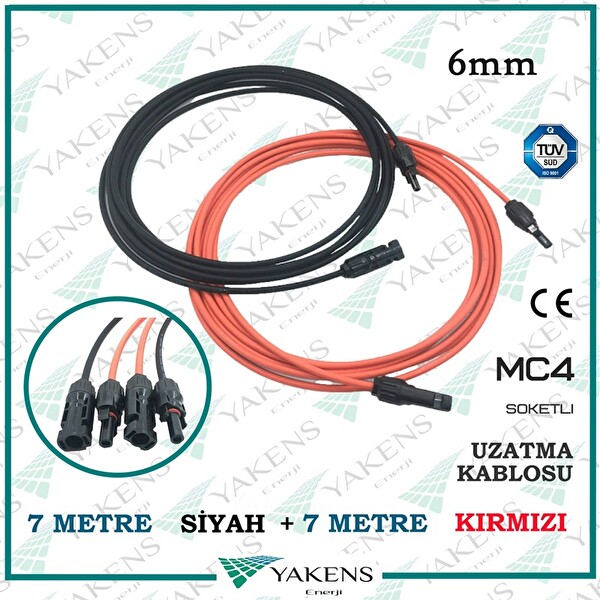 Yakens Enerji Güneş Paneli (7 M - 7 M) 6 MM Toplam 14 M Çift Taraflı Mc4 Soketli Solar Ara Kablo Kırmızı Siyah