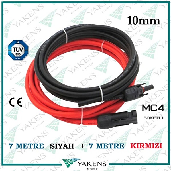 Yakens Enerji Mc4 Soketli (7 M -7 M) 10 MM Toplam 14 Metre Güneş Paneli Hazır Solar Kablo Seti Kırmızı Siyah
