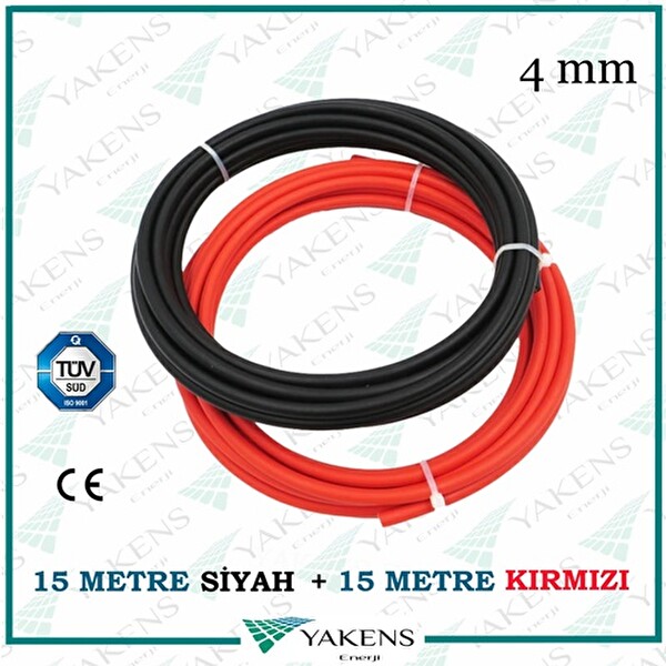 Yakens Enerji Solar Kablo (15 M -15 M) 4 MM Toplam 30 Metre Hazır Güneş Paneli Kablo Seti Kırmızı Siyah