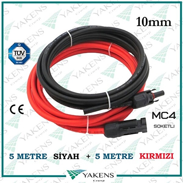 Yakens Enerji Mc4 Soketli (5 M -5 M) 10 MM Toplam 10 Metre Güneş Paneli Hazır Solar Kablo Seti Kırmızı Siyah