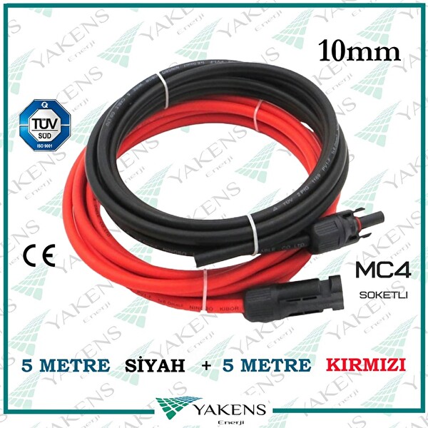 Yakens Enerji Mc4 Soketli (5 M -5 M) 10 MM Toplam 10 Metre Güneş Paneli Hazır Solar Kablo Seti Kırmızı Siyah