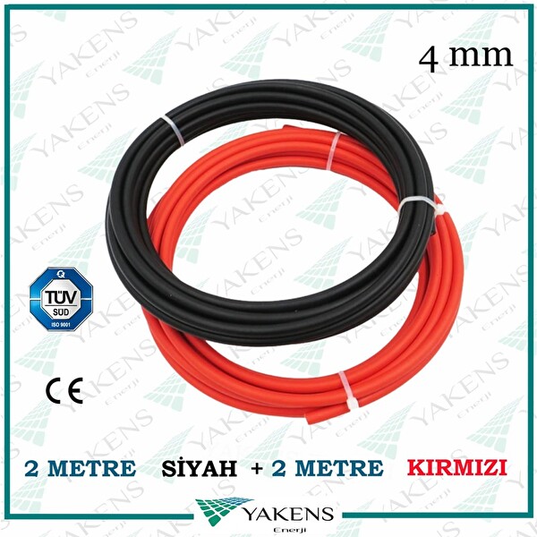 Yakens Enerji Solar Kablo (2 M -2 M) 4 MM Toplam 4 Metre Hazır Güneş Paneli Kablo Seti Kırmızı Siyah