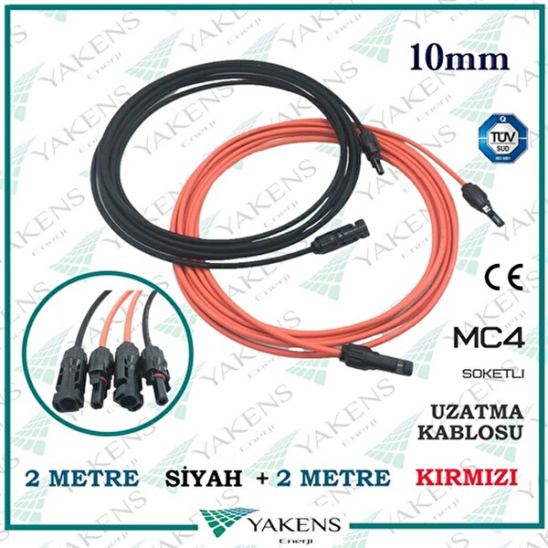 Yakens Enerji Güneş Paneli (2 M - 2 M) 10 MM Toplam 4 M Çift Taraflı Mc4 Soketli Solar Ara Kablo Kırmızı Siyah