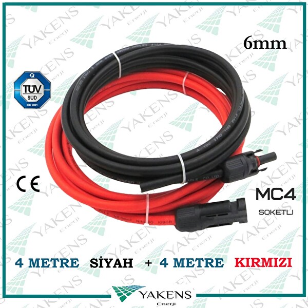 Yakens Enerji Mc4 Soketli Solar Kablo (4 M -4 M) 6 MM Toplam 8 Metre Güneş Paneli Hazır Solar Kablo Seti Kırmızı Siyah