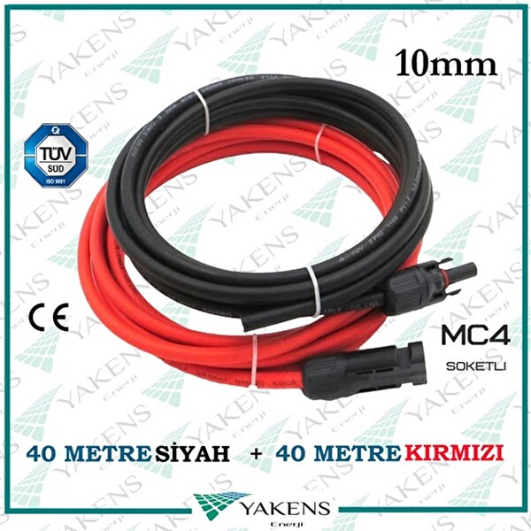 Yakens Enerji Mc4 Soketli (40 M -40 M) 10 MM Toplam 80 Metre Güneş Paneli Hazır Solar Kablo Seti Kırmızı Siyah