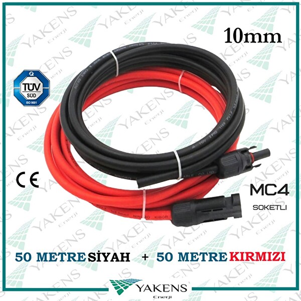 Yakens Enerji Mc4 Soketli (50 M -50 M) 10 MM Toplam 100 Metre Güneş Paneli Hazır Solar Kablo Seti Kırmızı Siyah