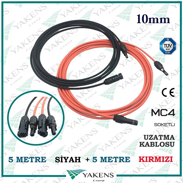 Yakens Enerji Güneş Paneli (5 M - 5 M) 10 MM Toplam 10 M Çift Taraflı Mc4 Soketli Solar Ara Kablo Kırmızı Siyah