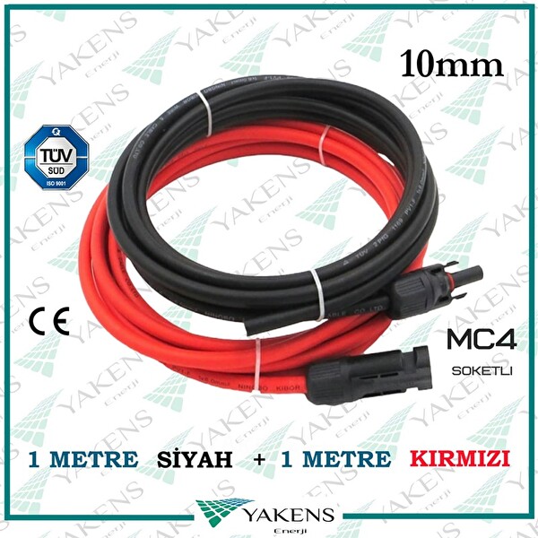 Yakens Enerji Mc4 Soketli Solar Kablo (1 M -1 M) 10 MM Toplam 2 Metre Güneş Paneli Hazır Solar Kablo Seti Kırmızı Siyah