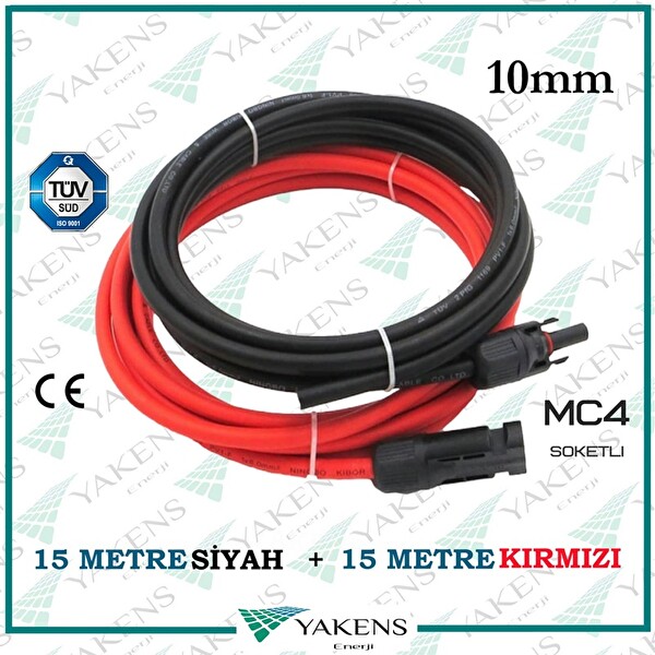 Yakens Enerji Mc4 Soketli (15 M -15 M) 10 MM Toplam 30 Metre Güneş Paneli Hazır Solar Kablo Seti Kırmızı Siyah