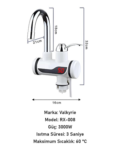 Valkyrie Ani Su Isıtıcılı Musluk Elektrikli Şofben Dijital Göstergeli 3000 W