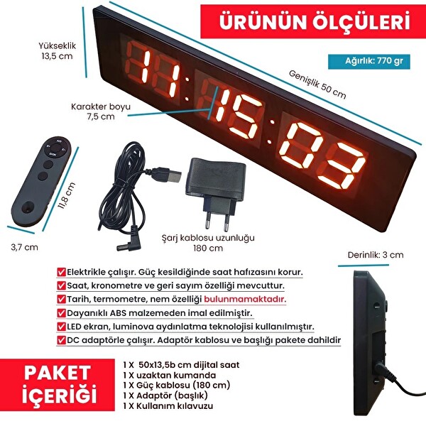 Upway 50X13.5 Kumandalı Kronometre Geri Sayım Luminova LED Teknolojisi Büyük Dijital Duvar Saati