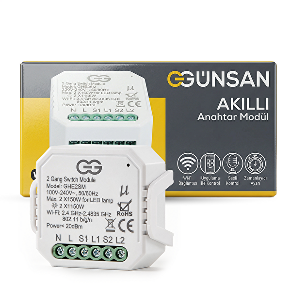 Günsan Akıllı WiFi Nötrlü Komütatör Röle 2 Kanal (İkili Anahtar Modülü) Tuya & Smart Life Uyumlu