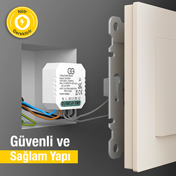 Günsan Akıllı WiFi Nötrlü Komütatör Röle 2 Kanal (İkili Anahtar Modülü) Tuya & Smart Life Uyumlu