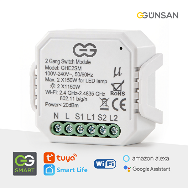 Günsan Akıllı WiFi Nötrlü Komütatör Röle 2 Kanal (İkili Anahtar Modülü) Tuya & Smart Life Uyumlu