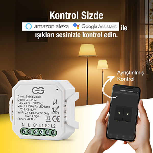 Günsan Akıllı WiFi Nötrlü Komütatör Röle 2 Kanal (İkili Anahtar Modülü) Tuya & Smart Life Uyumlu