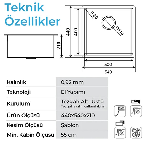 Crauf Venüs 3054 Inox 50x40 Tezgah Altı Paslanmaz Çelik Mutfak Eviyesi