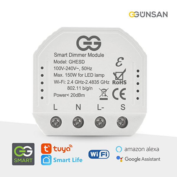 Günsan Akıllı WiFi Nötrlü Dimmer Röle 150W Tuya ve Smart Life Uyumlu Işık Ayarlı Anahtar Modülü
