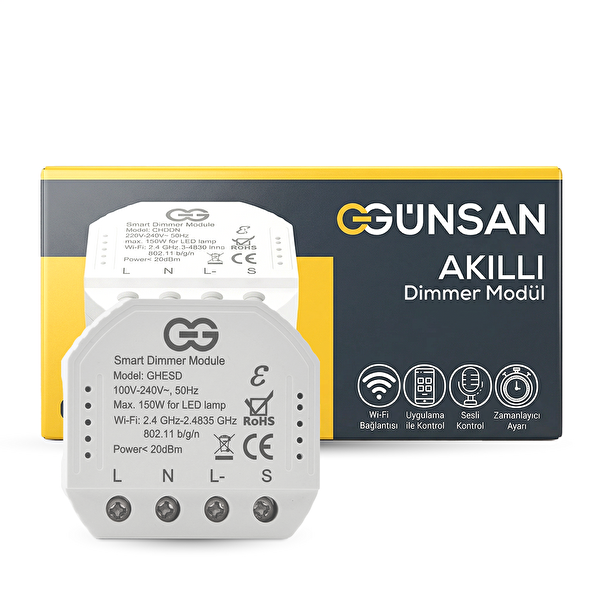 Günsan Akıllı WiFi Nötrlü Dimmer Röle 150W Tuya ve Smart Life Uyumlu Işık Ayarlı Anahtar Modülü