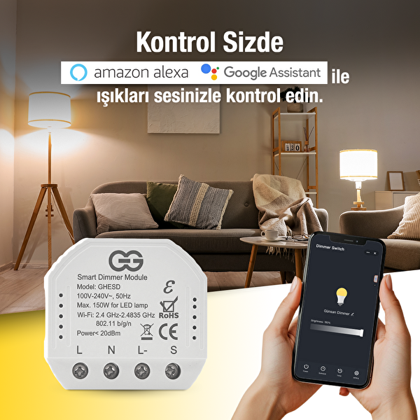 Günsan Akıllı WiFi Nötrlü Dimmer Röle 150W Tuya ve Smart Life Uyumlu Işık Ayarlı Anahtar Modülü