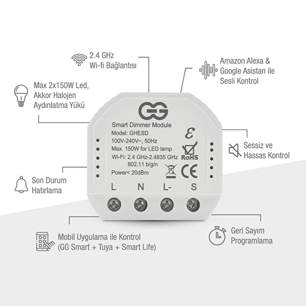 Günsan Akıllı WiFi Nötrlü Dimmer Röle 150W Tuya ve Smart Life Uyumlu Işık Ayarlı Anahtar Modülü