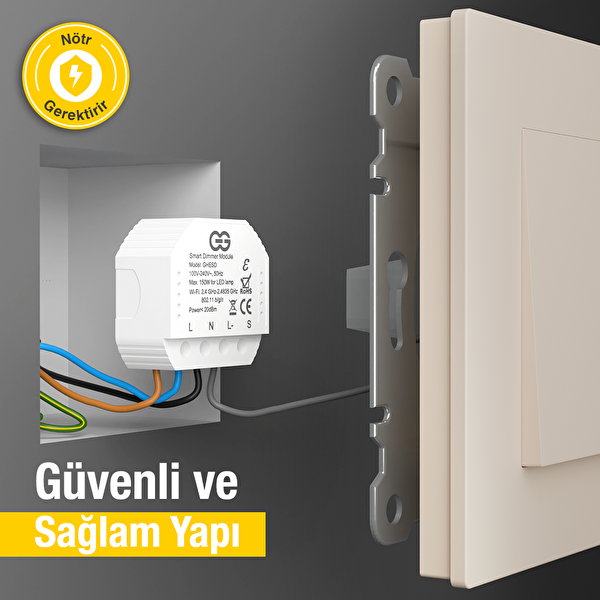 Günsan Akıllı WiFi Nötrlü Dimmer Röle 150W Tuya ve Smart Life Uyumlu Işık Ayarlı Anahtar Modülü