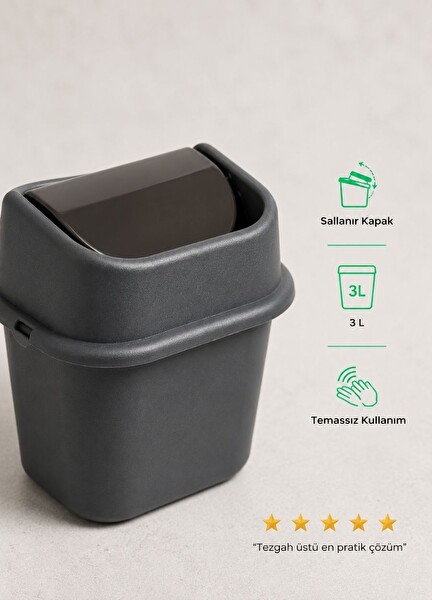 Jet's Home 3 L Mutfak- Banyo Sallanır Kapak Antrasit Mini Çöp Kutusu