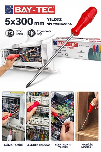 Bay-Tec MK4469 5X300 MM Mıknatıslı Uzun Gövdeli CRV Yapılı Çelik Profesyonel Yıldız Şiş Tornavida