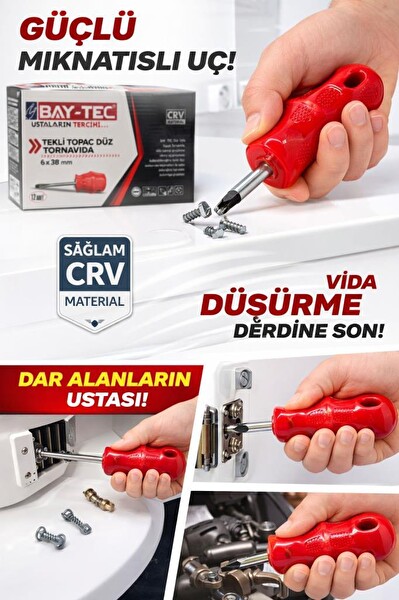 Bay-Tec MK4487 Mıknatıslı Düz 6x38 MMCRV Çelik Kısa Topaç Tornavida