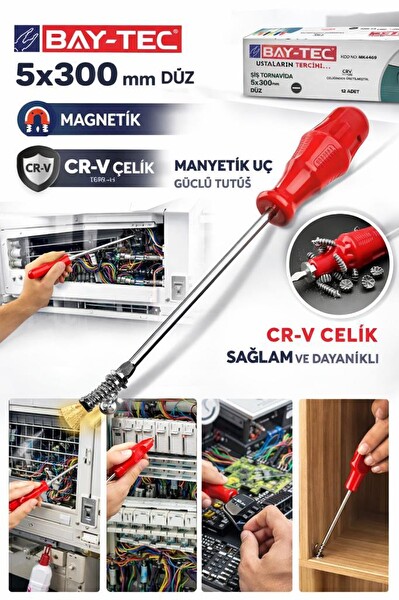 Bay-Tec MK4469 5x300 MM Uzun Gövde CRV Çelik Profesyonel Mıknatıslı Düz Şiş Tornavida