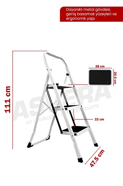 Asvera Space 3 Basamaklı Ev Tipi Metal Katlanır Geniş Kaymaz Mutfak ve Ev Merdiveni Slim