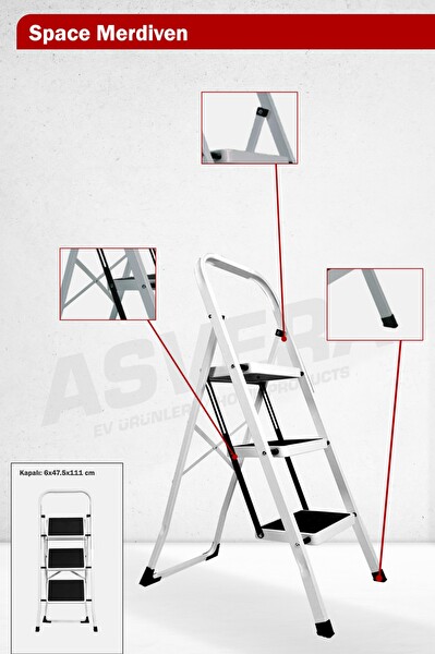Asvera Space 3 Basamaklı Ev Tipi Metal Katlanır Geniş Kaymaz Mutfak ve Ev Merdiveni Slim