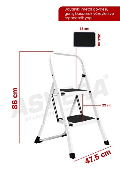 Asvera Space 2 Basamaklı Ev Tipi Metal Katlanır Geniş Kaymaz Mutfak ve Ev Merdiveni Slim