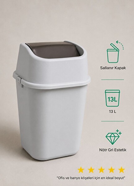 Jet's Home Gri Sallanır Kapaklı Atık Kovası 13 L Profesyonel Çalışma Alanı ve Banyo Tipi Çöp Kutusu