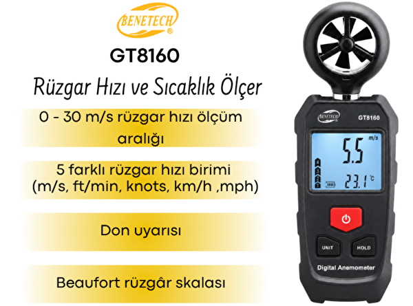 Benetech GT8160 Mini Anemometre Rüzgar Hızı Ölçer