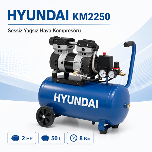Hyundai KM2250 Sessiz Yağsız 50 Litre 2 HP 8 Bar Hava Kompresörü