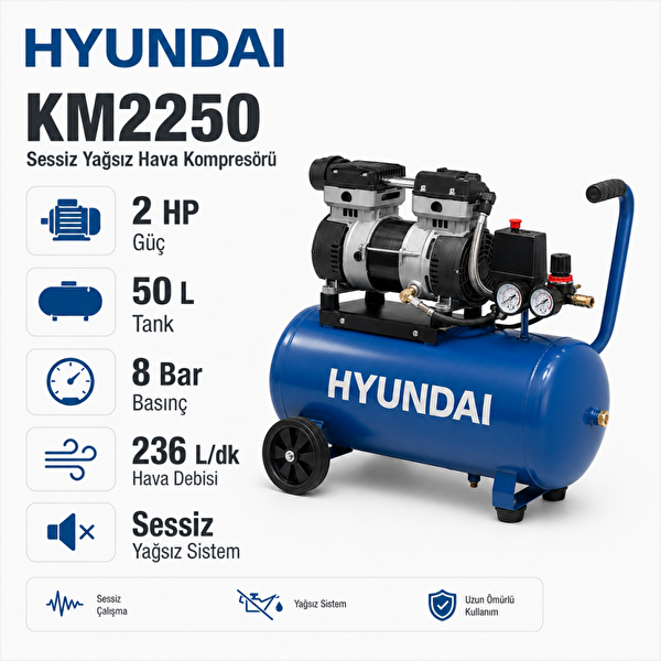 Hyundai KM2250 Sessiz Yağsız 50 Litre 2 HP 8 Bar Hava Kompresörü