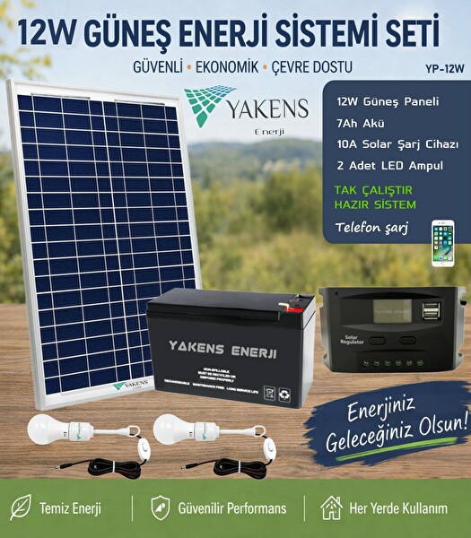Yakens Enerji 12W Hazır Solar Paketi Güneş Paneli Enerji Sistemi 2 Led Ampul - Taşınabilir Telefon Şarjlı Aydınlatma Paketi