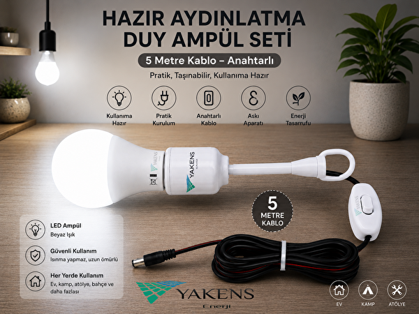 Yakens Enerji 12W Hazır Solar Paketi Güneş Paneli Enerji Sistemi 2 Led Ampul - Taşınabilir Telefon Şarjlı Aydınlatma Paketi