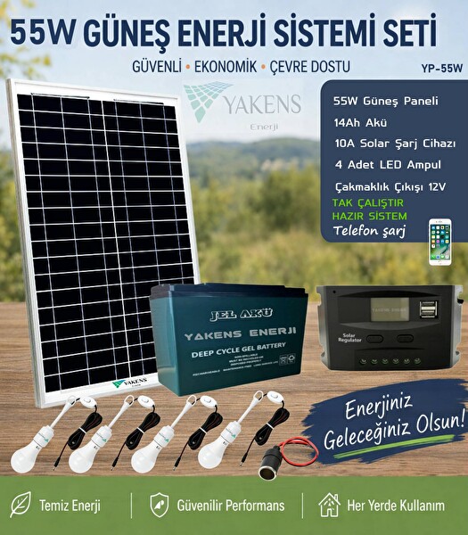 Yakens Enerji 55W Hazır Solar Paketi Güneş Paneli Enerji Sistemi 4 Led Ampul - Taşınabilir Telefon Şarjlı Aydınlatma Paketi
