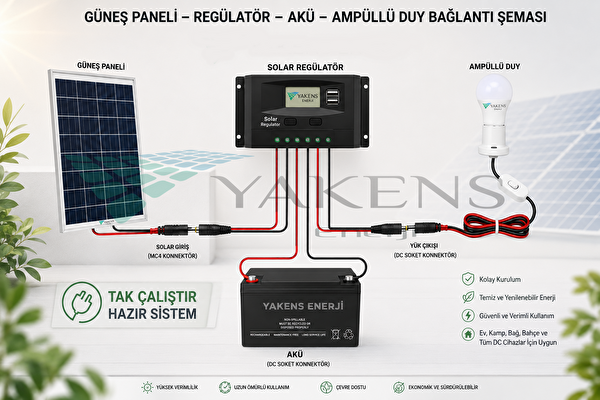 Yakens Enerji 25W Hazır Solar Paketi Güneş Paneli Enerji Sistemi 3 Led Ampul - Taşınabilir Telefon Şarjlı Aydınlatma Paketi