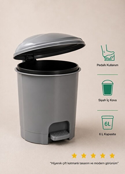 Jet's Home Gri Pedallı Çöp Kovası 6 L İçi Kovalı Küçük Boy Banyo Tuvalet ve Ofis Tipi Modern Çöp Kutusu