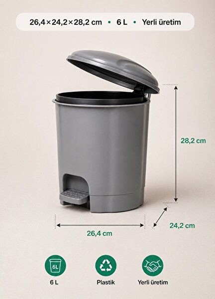 Jet's Home Gri Pedallı Çöp Kovası 6 L İçi Kovalı Küçük Boy Banyo Tuvalet ve Ofis Tipi Modern Çöp Kutusu