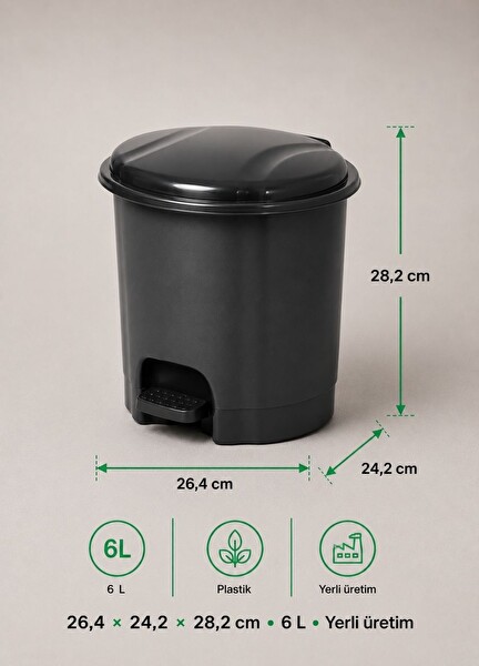 Jet's Home Antrasit Pedallı Çöp Kovası 6 L İçi Kovalı Hijyenik Banyo ve Makyaj Masası Tipi Küçük Boy Çöp Kutusu