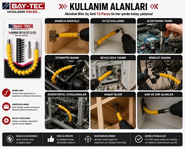 Bay-Tec MU2230 Akrobat Bits 12 Parça Esnek Şaftlı Dar Alan Vidalama ve Matkap Uç Seti
