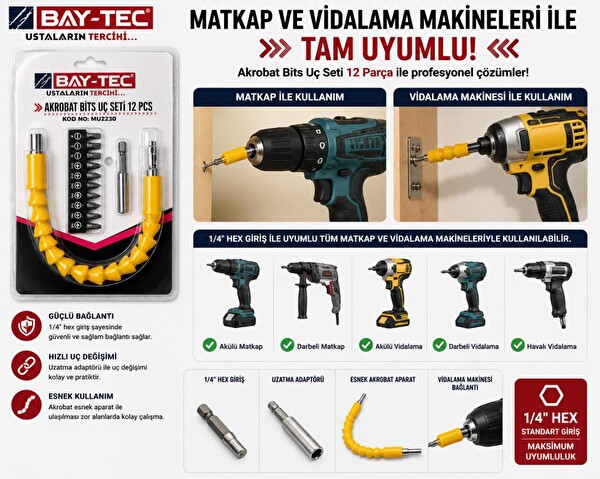 Bay-Tec MU2230 Akrobat Bits 12 Parça Esnek Şaftlı Dar Alan Vidalama ve Matkap Uç Seti