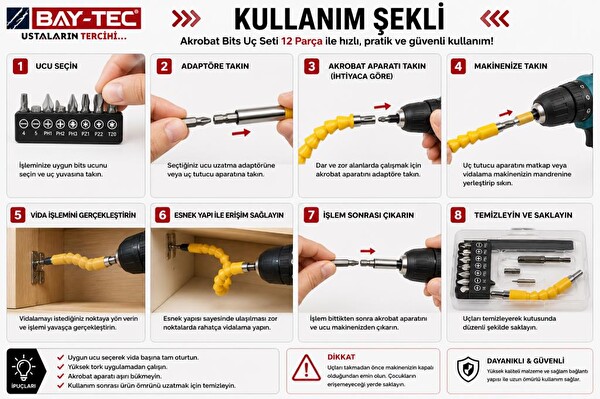 Bay-Tec MU2230 Akrobat Bits 12 Parça Esnek Şaftlı Dar Alan Vidalama ve Matkap Uç Seti